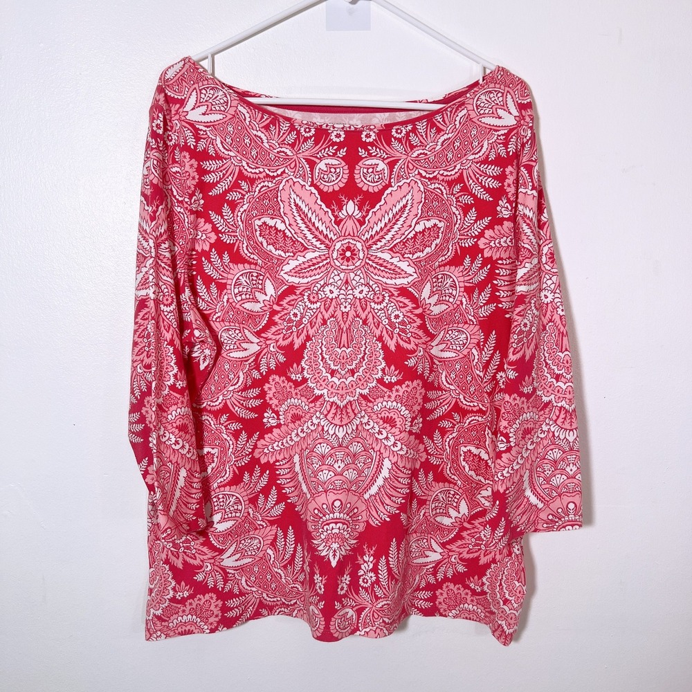 Talbots Plus 2X Red Pink Batik Paisley Medallion Boatneck 3/4 Sleeve Tee Top - Picture 2 of 5